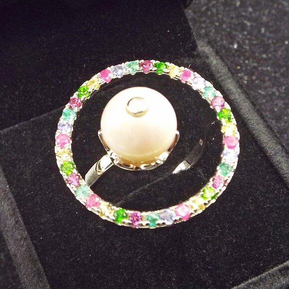 D'JOY "GALAXY" COLORFUL GEMSTONES CIRCLE W/ 9.5 MM NATURAL PEARL SZ. 11 RING 72 - Picture 3 of 6